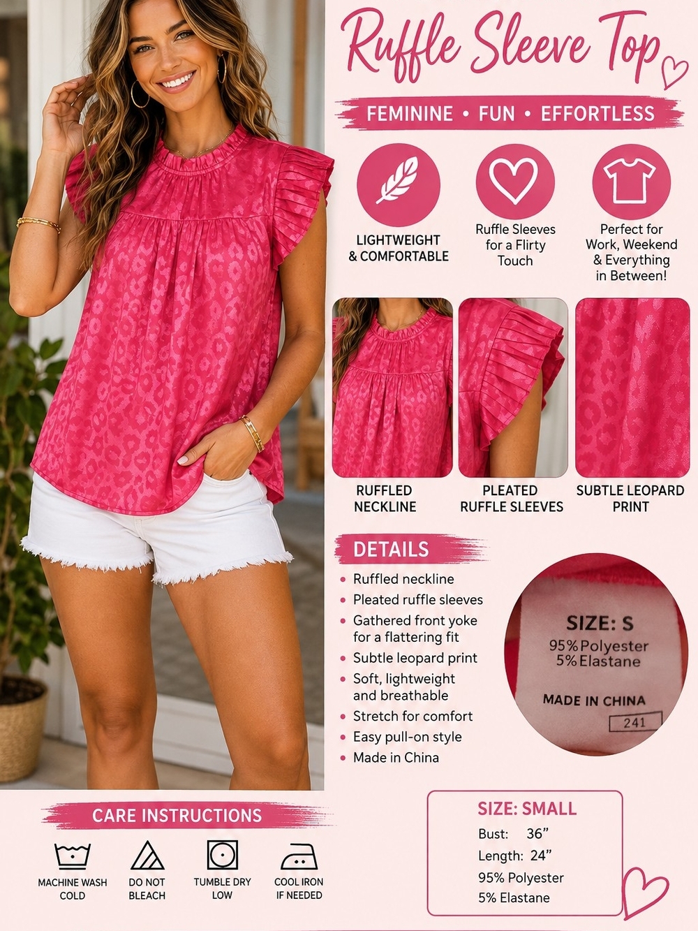 SHEIN Pink Ruffle Sleeve Blouse - Subtle Leopard Print